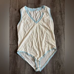 Free People Intimately Cozy Cool Girl Ivory Blue V-Neck Bodysuit